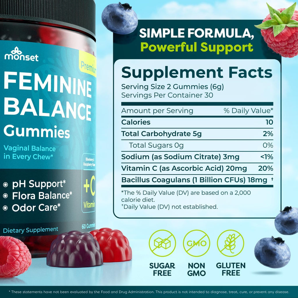 MONSET Women’s Probiotic Gummies – Support for pH Balance, Microflora & Freshness with Vitamin C for Immune Health – Blueberry Raspberry Feminine Gummies – 60 Gummies