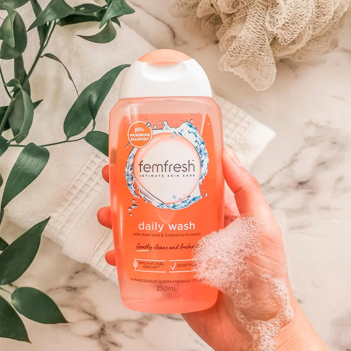 Femfresh Daily Intimate Wash - 250ml, pH & Microbiome Balanced, With Aloe Vera & Calendula Extracts, 94% Natural Origin Ingredients, Hypoallergenic & Soap-Free, Gentle Feminine Body Wash for Freshness