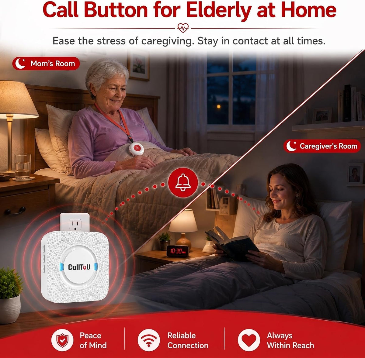 CallToU Caregiver Pager with 2 Wireless Call Button for Elderly at Home | Easy Use, Loud Whole-Home Alerts, 500+FT Through-Wall, Waterproof Call Bell Alert Buttons for Seniors/Elderly/Patients/Adults