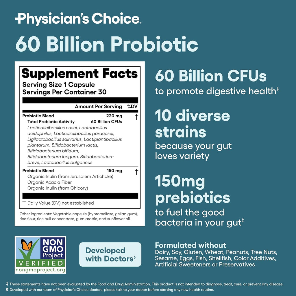 Physician's CHOICE Probiotics 60 Billion CFU - 10 Strains + Organic Prebiotics - Immune, Digestive & Gut Health - Supports Occasional Constipation, Diarrhea, Gas & Bloating - for Women & Men - 30ct