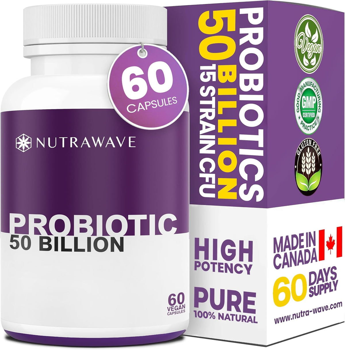 Nutrawave 50 Billion Daily Probiotic for Men & Women – 15 Strains of Live Cultures | 60 Vegan, Gluten-Free Capsules