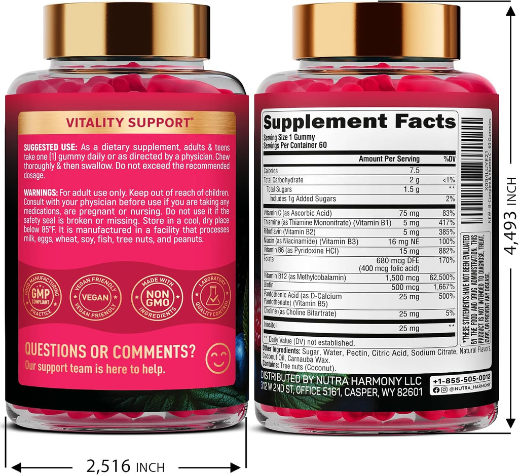 Vitamin B-Complex Gummies for Women & Men - Full B Complex & B12 - 60 Gummy | Vitamin B12, B1, B2, B3, B5, B6, B7 & B9 with Vitamin C & Choline - Energy, Brain & Mood - Natural Berry Flavor, Vegan