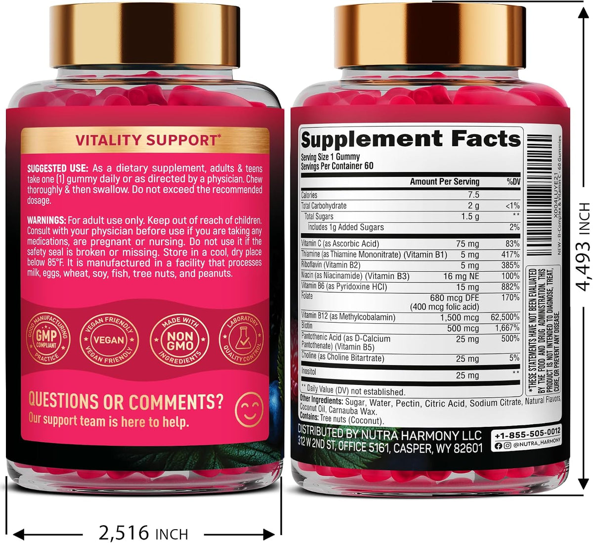 Vitamin B-Complex Gummies for Women & Men - Full B Complex & B12 - 60 Gummy | Vitamin B12, B1, B2, B3, B5, B6, B7 & B9 with Vitamin C & Choline - Energy, Brain & Mood - Natural Berry Flavor, Vegan
