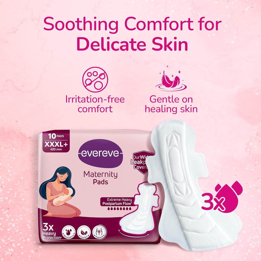 Evereve Maternity Pads XXXL+ 420mm, Widest Leakproof Coverage, 3X Absorbency, Comfort & Hygiene, Soft & Irritation-Free, Postpartum Pads for After Birth Recovery, Extreme Flow Protection, Pack of 10