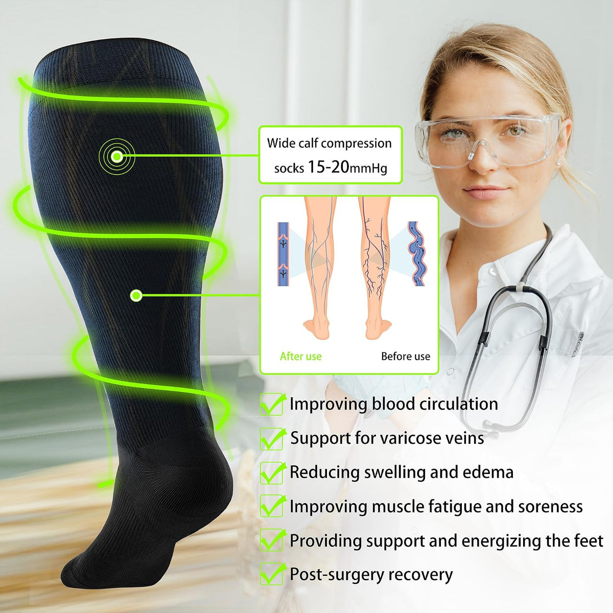 LEVSOX Wide Calf Compression Socks for Women&Men Plus Size 15-20mmHg Knee High Large Support Stockings for Circulation