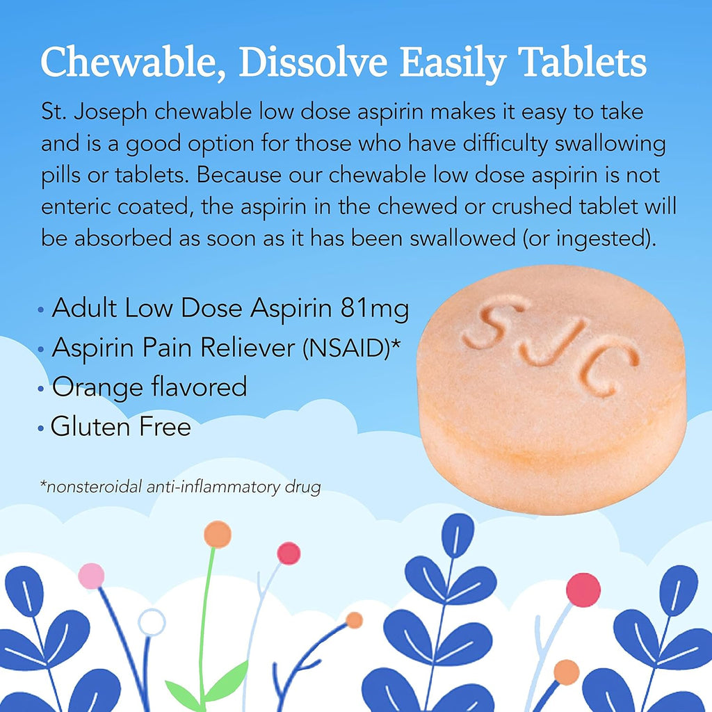 St. Joseph Chewable Low Dose Aspirin 81mg, Orange Flavored, 108 Tablets | Value pack of 81mg pain reliever (NSAID) for adult low dose aspirin regimen, easy-to-chew tablets dissolve quickly, 3 bottles
