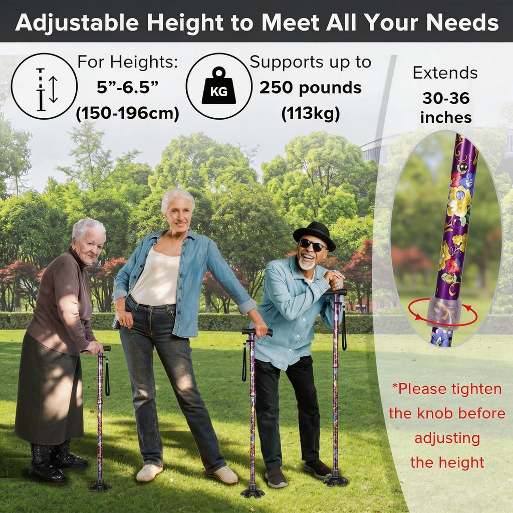 Floral Canes for Women Folding Cane for Stability with Non-Slip Base, Adjustable Walking Cane for Seniors - Lightweight Collapsible Walking Sticks with T & Offset Handle