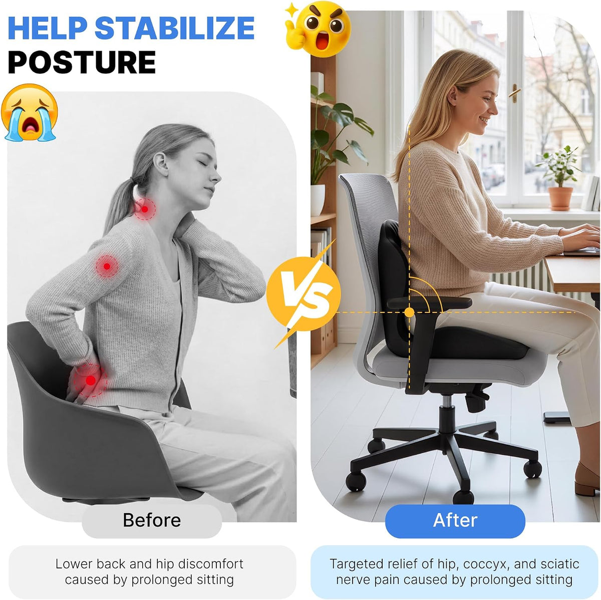 Ergonomic Seat Cushion with L-Shaped Design for Office Chair (Black)