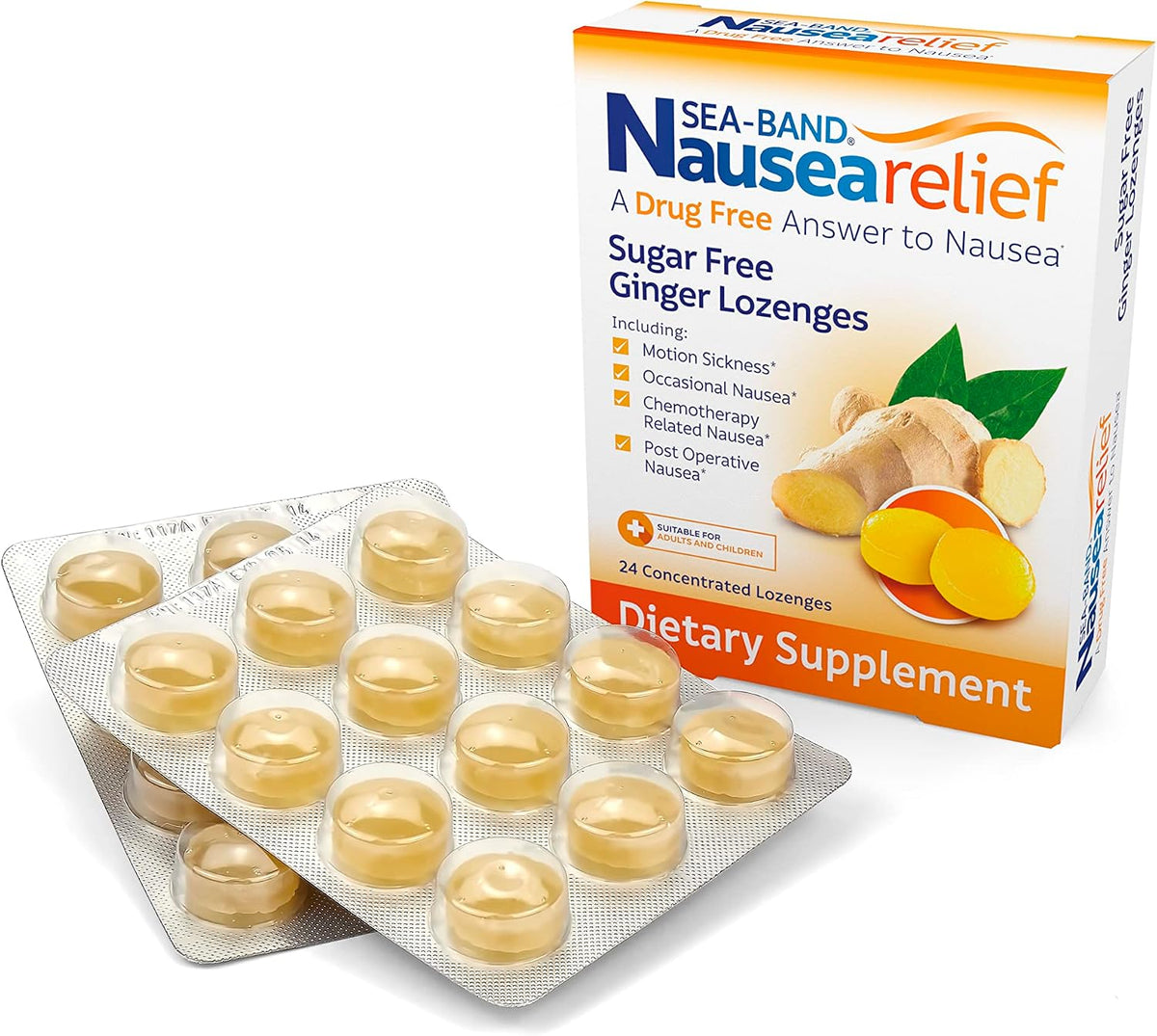 Sea-Band Sugar Free Ginger Travel Lozenges for Motion Sickness 24 Pieces | Morning sickness relief, drug free, HSA/FSA approved, 24 lozenges, sugar free