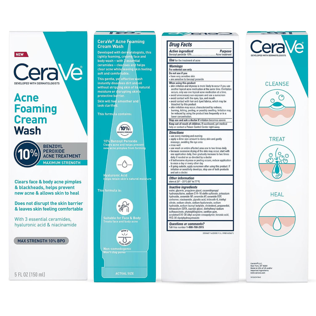 CeraVe Acne Foaming Cream Wash, 10% Benzoyl Peroxide Facial Cleanser, 5oz | 10% Benzoyl Peroxide Cleanser with Hyaluronic Acid and Niacinamide Clears Pimples and Acts As A Blackhead Remover