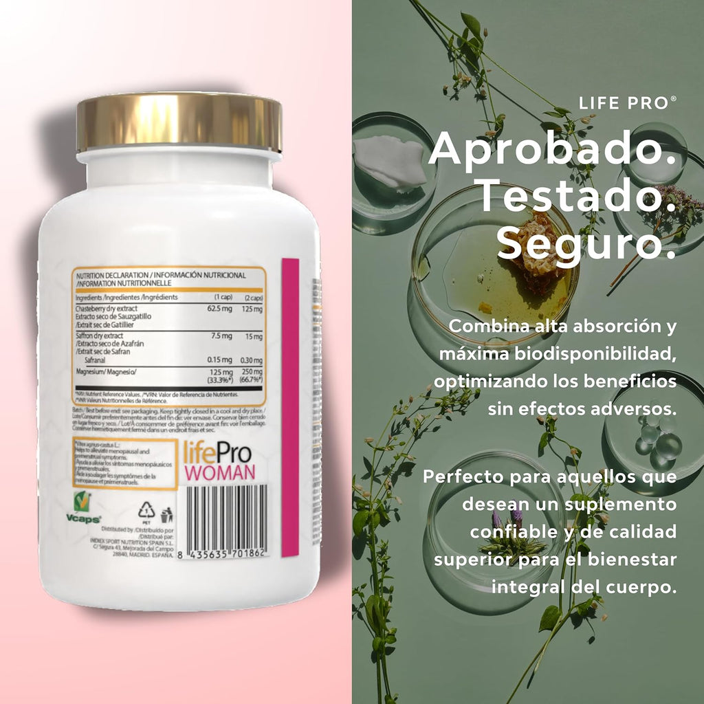 Life Pro Vitex Agnus Castus REA, Feminine Supplement with Magnesium and Saffron for Hormone Balance, Emotional Wellness and Premenstrual Symptom Relief, European Vegan Quality with 120 Capsules