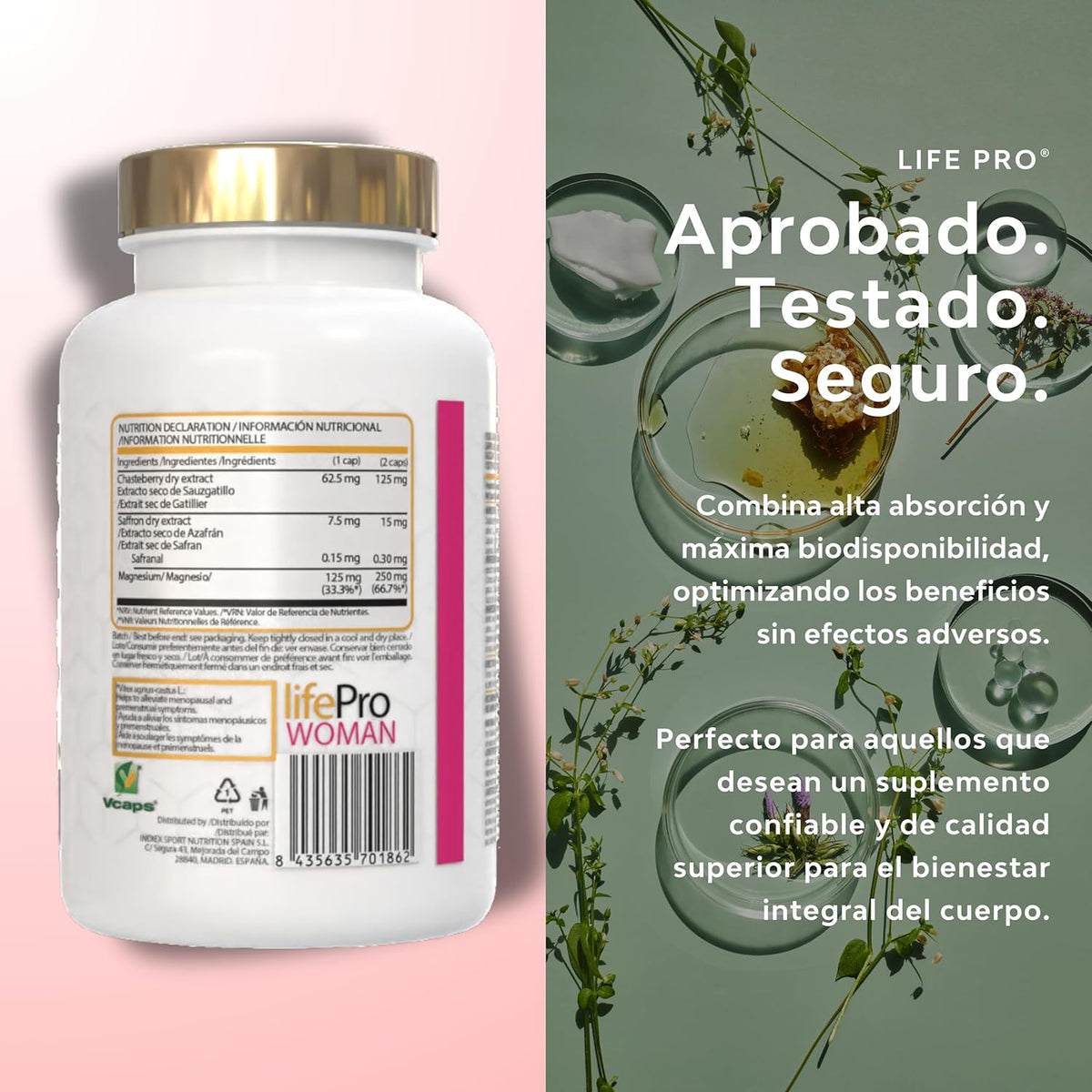 Life Pro Vitex Agnus Castus REA, Feminine Supplement with Magnesium and Saffron for Hormone Balance, Emotional Wellness and Premenstrual Symptom Relief, European Vegan Quality with 120 Capsules