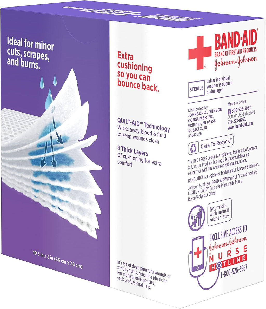 BAND-AID Brand Cushion-Care Gauze Pads, Medium Size, 3 in x 3 in, 10 Count