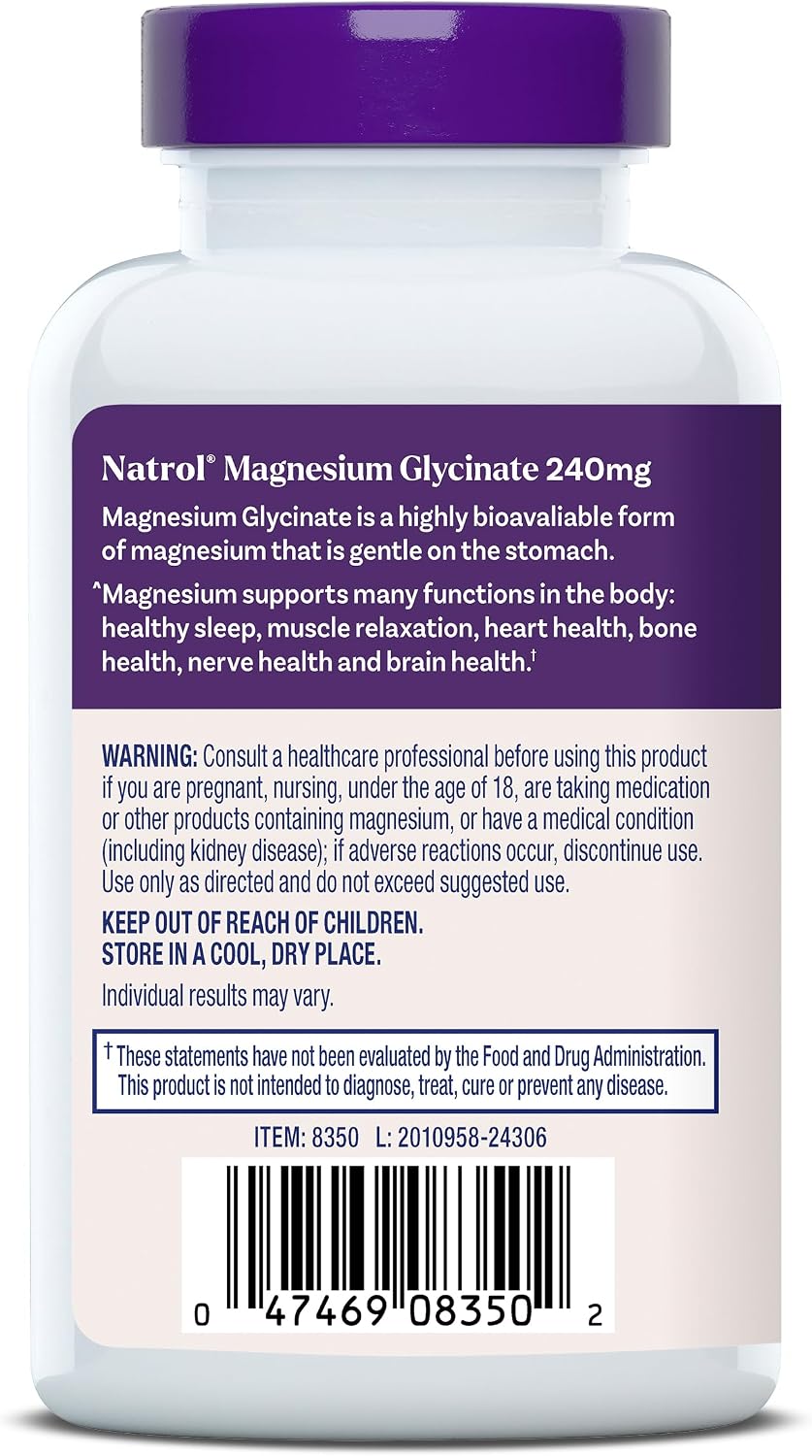 Natrol High Absorption Magnesium Glycinate 240 mg, 60 Capsules | Supports Healthy Sleep & Body, Gentle on Stomach, Supports Muscle Relaxation, Heart, Bone, Nerve & Brain Health