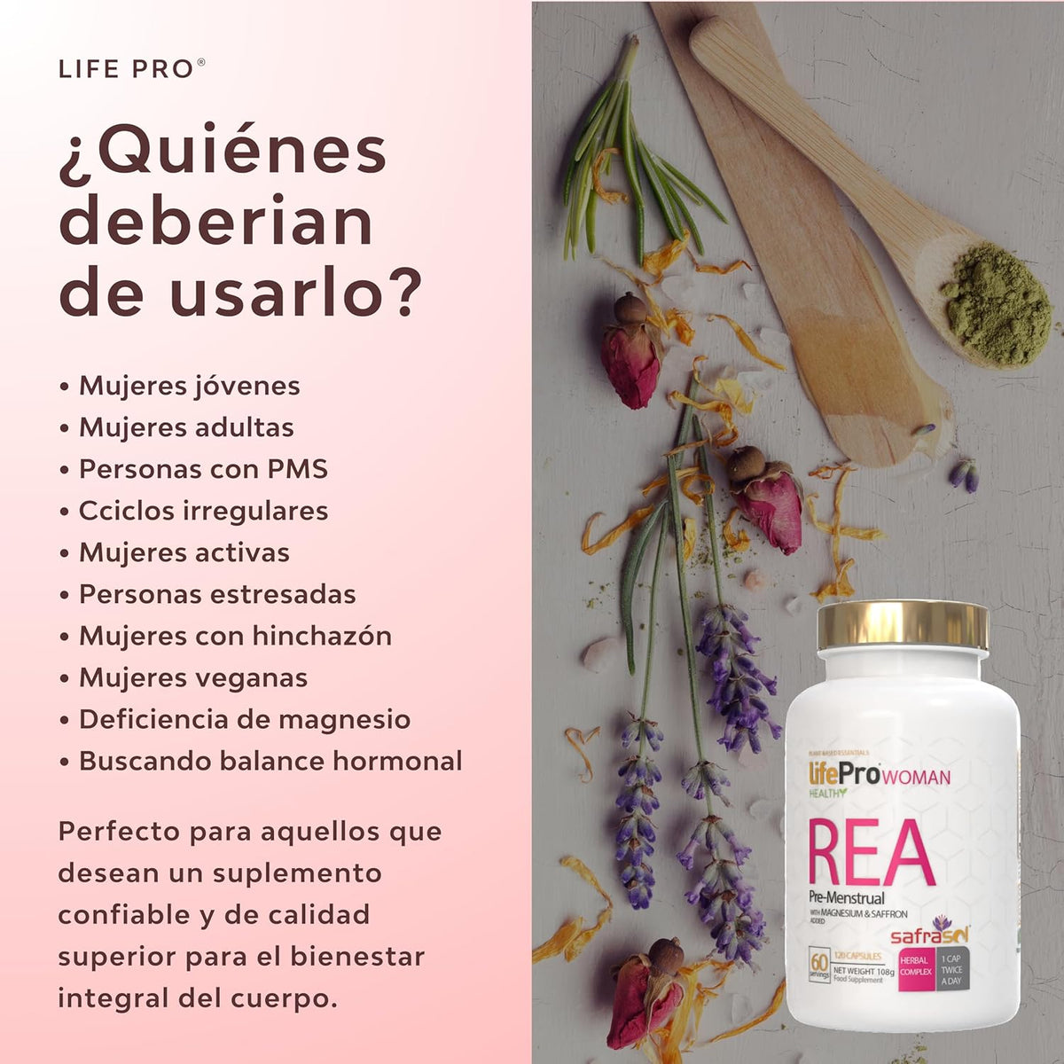 Life Pro Vitex Agnus Castus REA, Feminine Supplement with Magnesium and Saffron for Hormone Balance, Emotional Wellness and Premenstrual Symptom Relief, European Vegan Quality with 120 Capsules
