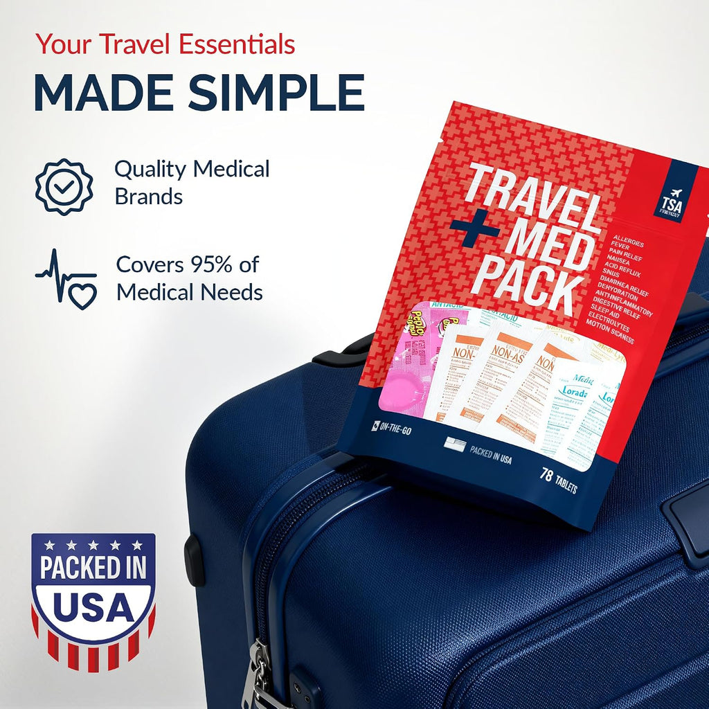 Travel Medicine Kit - 78-Piece TSA-Approved Urgent Care Kit Medication Pack for Flights, Cruises & International Travel | Individually Wrapped OTC Medication Essentials