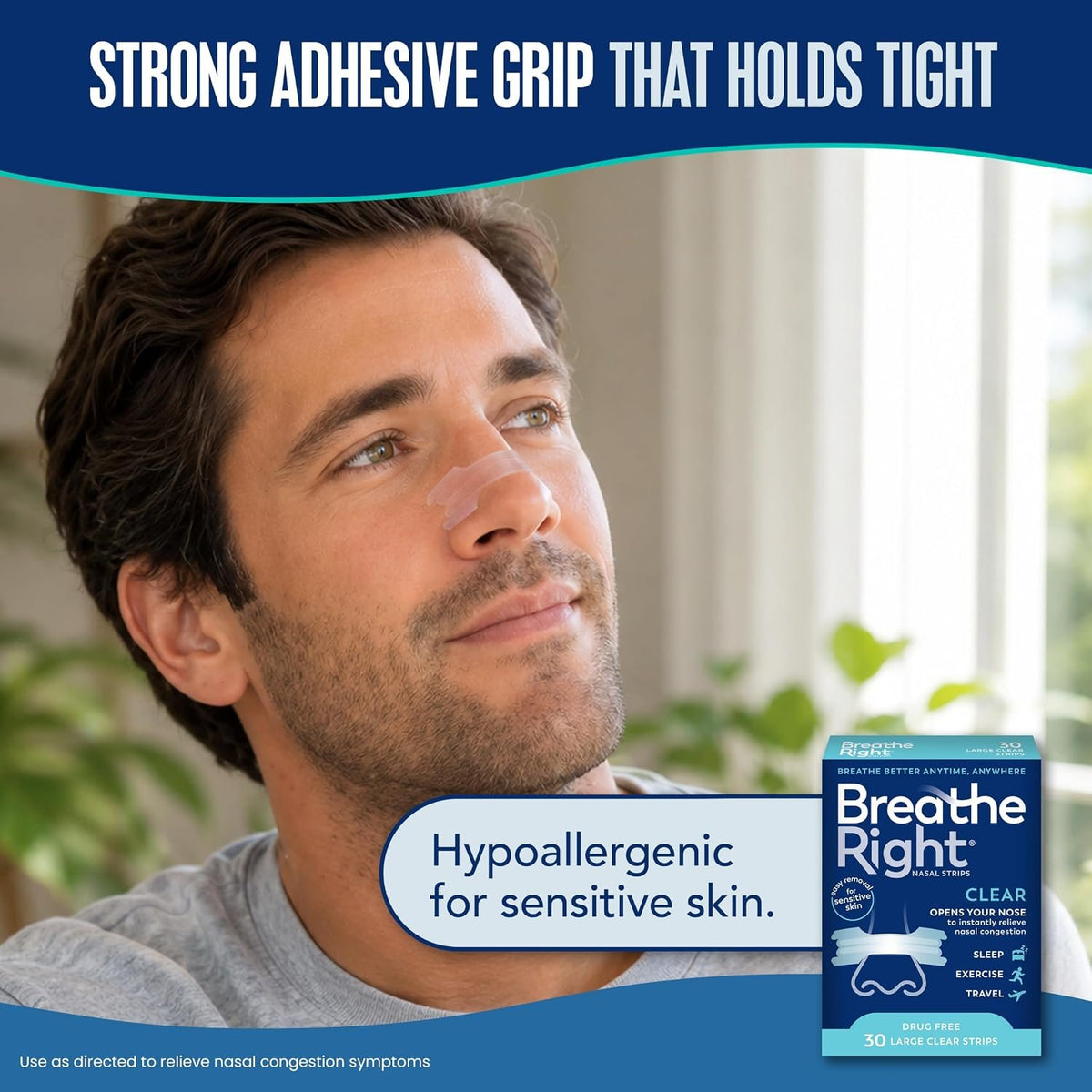 Breathe Right Nasal Strips, Relieves Nasal Congestion, Large, Clear, 30 ct