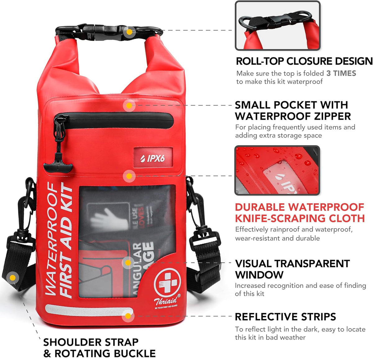 250 PCS Waterproof First Aid Kit, Roll Top Reflective Boat Dry Bag Bug Out Bags, Emergency Medical Kit Ideal for Boating, Camping, Fishing, Kayaking, Floating, Red