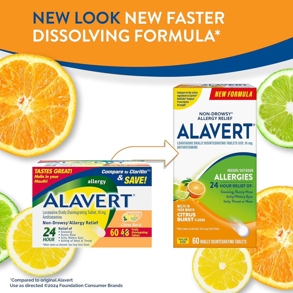 Alavert 24-Hour Allergy Relief, Non-Drowsy, Citrus Burst Flavor, 60 Tablets | Antihistamine providing 24-hour allergy relief, Loratadine 10mg, easy to take, no water needed, orally disintegrating tablets