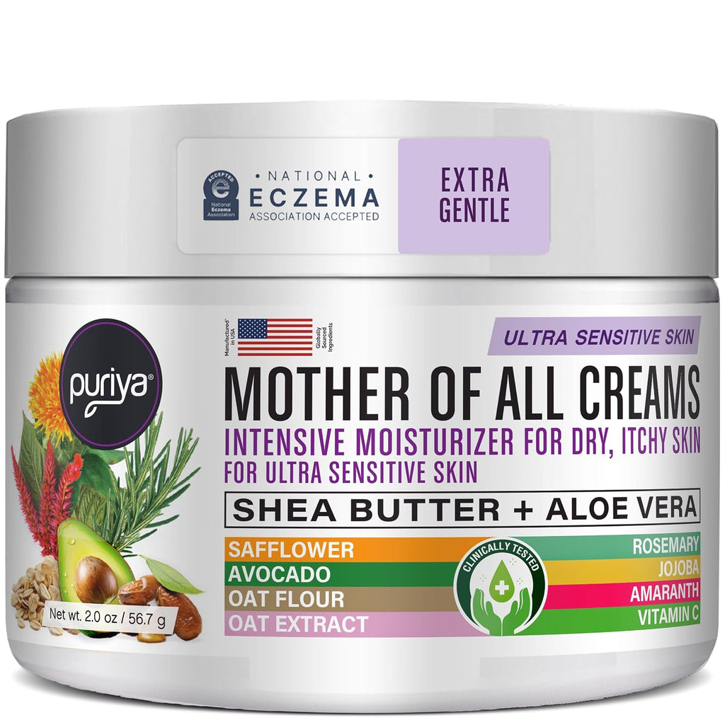 Puriya National Eczema Association Accepted Cream 2 oz, Dry Itchy Skin Relief, Colloidal Oatmeal Lotion, For Kids, Adults, Face, Hands, Mother of All Creams, Plant-Based Hydration,No Fragrance Added