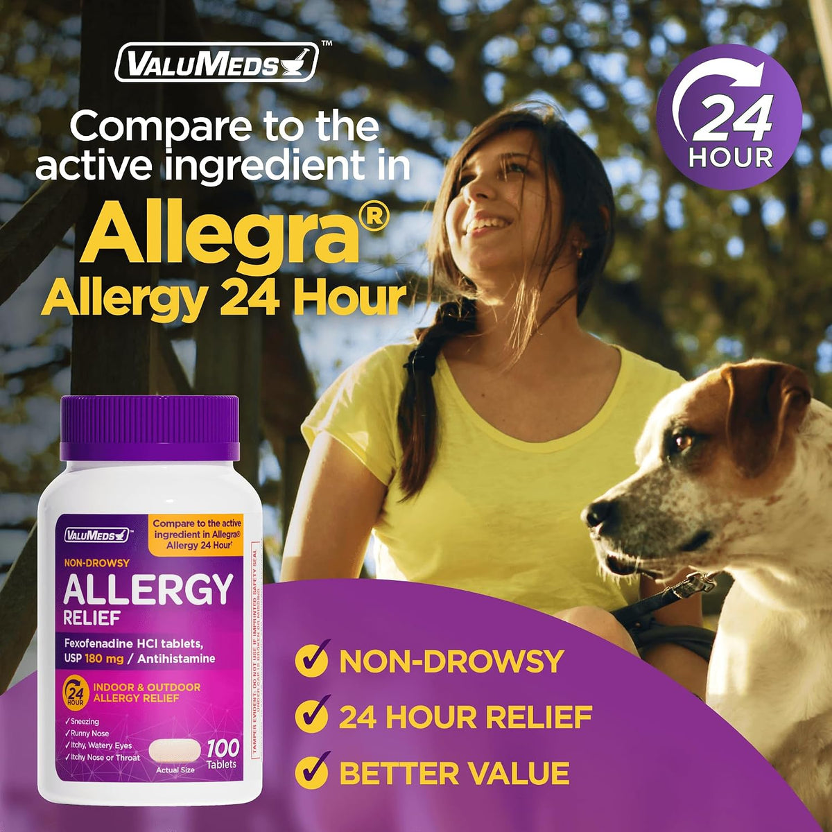 ValuMeds | Compare to Allegra | Fexofenadine HCl 180mg | 24-Hour Allergy Relief, Non-Drowsy Antihistamine Generic Medicine for Allergies, Hay Fever, Itchy Eyes | for Kids & Adults (100 Count)