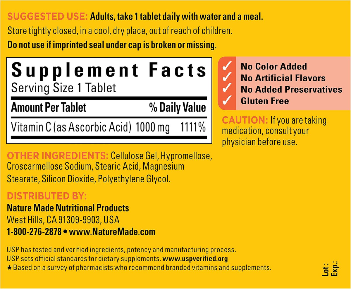 Nature Made Extra Strength Vitamin C 1000 mg Tablets, 100 Count | Adult Vitamin C Tablets for Immune Support and Antioxidant Support, 100 Day Supply