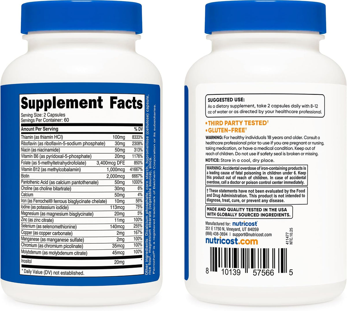 Nutricost Methylated Vitamin B Complex 120 Capsules, 60 Servings | Gluten-Free