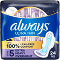 Always Ultra Thin Feminine Pads For Women, Size 5 Extra Heavy Overnight Absorbency, With Wings, Unscented, 24 Count