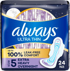 Always Ultra Thin Feminine Pads For Women, Size 5 Extra Heavy Overnight Absorbency, With Wings, Unscented, 24 Count