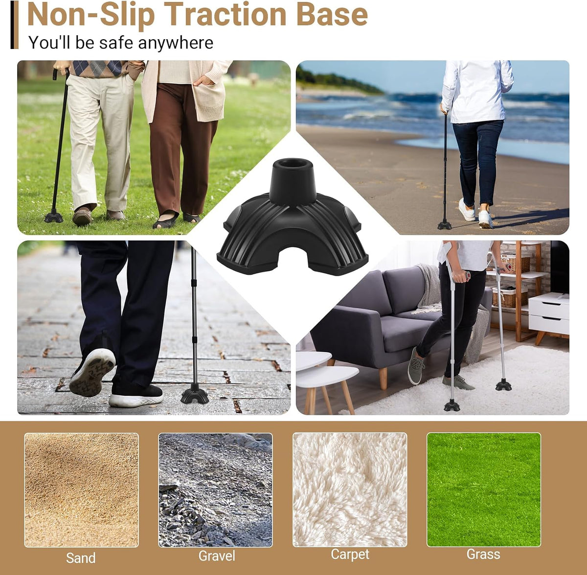 Dotday 2 Pack Cane Tips for Stability, Self Standing Cane Base Replacement | for Most Walking Canes, Walking Sticks, Folding Canes, Non-Slip Rubber Quad Cane Tip, Heavy Duty 4 Prong Rubber Cane Foot Pad