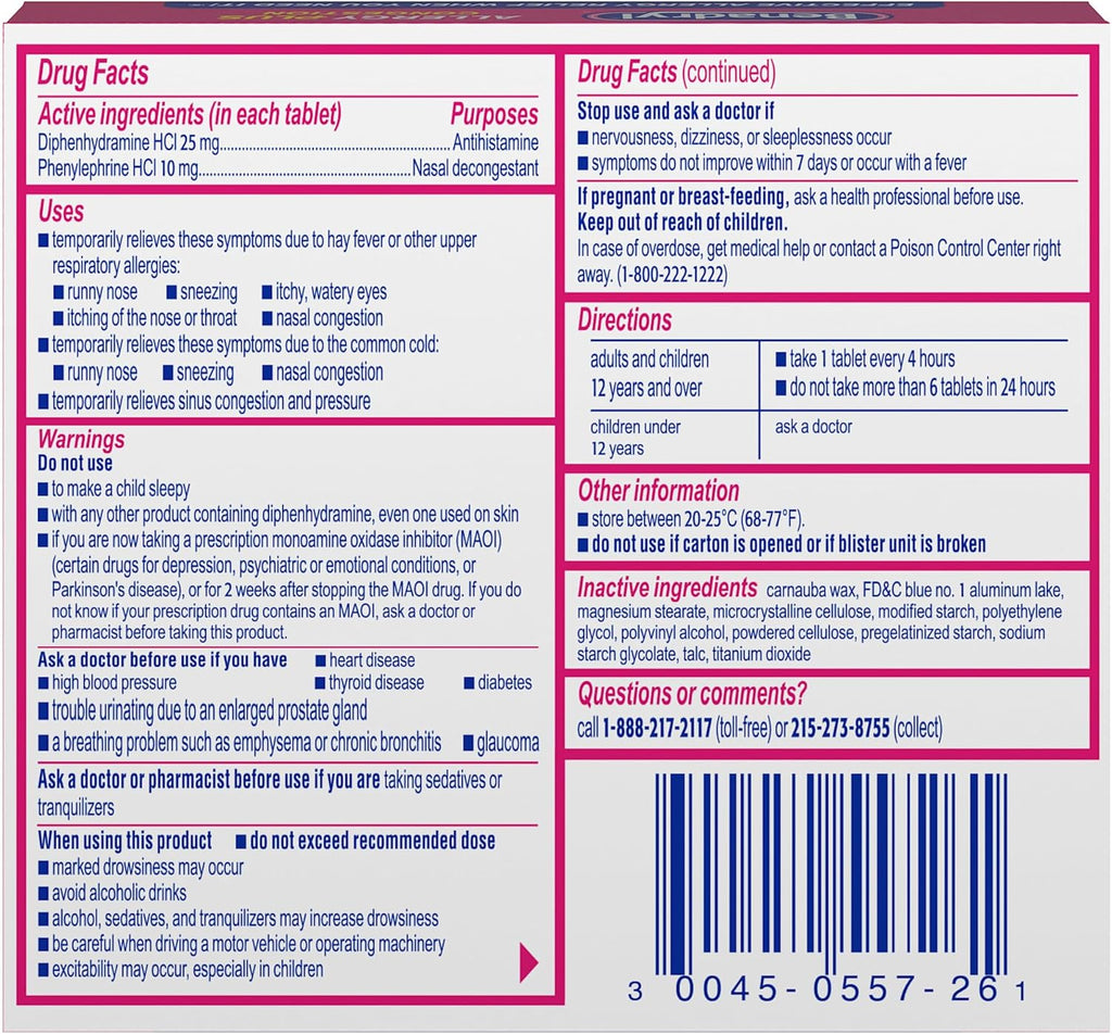 Benadryl Allergy Plus Congestion Ultratabs, 24 ct | Diphenhydramine HCl Antihistamine and Phenylephrine HCl Nasal Decongestant, Allergy & Sinus Congestion Relief Tablets