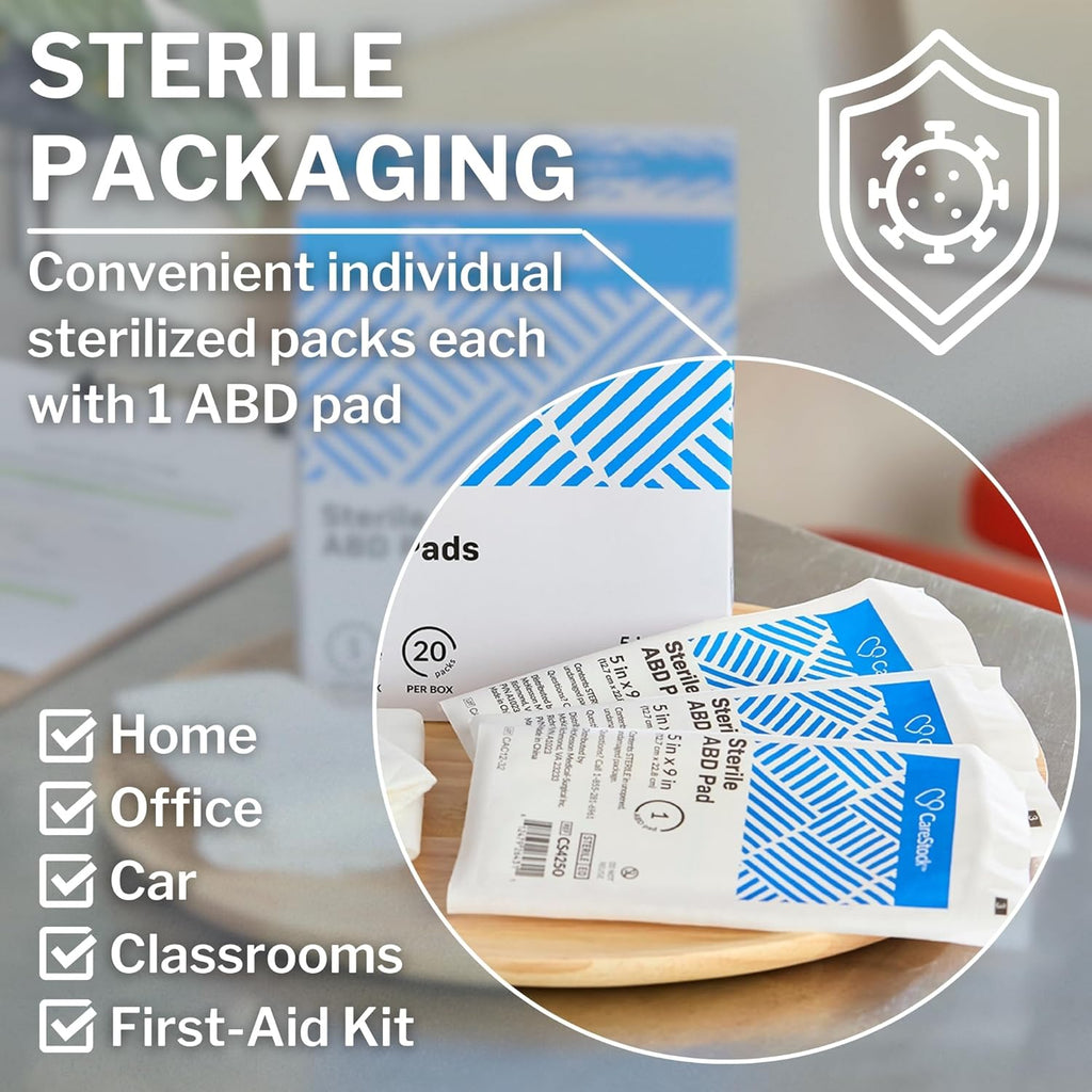 CareStock Abdominal Pad - Highly Absorbent Nonwoven Cellulose ABD Pads, Wound Care First Aid - Individually Packed, Sterile - 5 in. x 9 in., 20 Count, 2 Packs, White