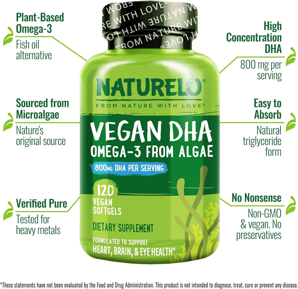 NATURELO Vegan DHA, Vegan Omega 3 Supplement, 120 Softgels, Supports Brain/Heart/Eye Health, Complements Prenatal Vitamins, Essential Fatty Acids, Omega 3 Supplement for Women & Men