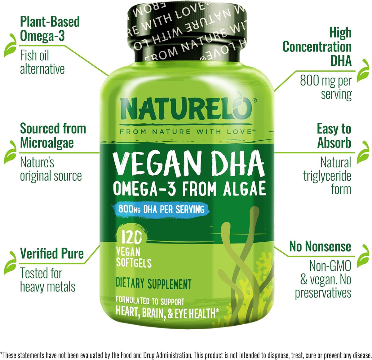 NATURELO Vegan DHA, Vegan Omega 3 Supplement, 120 Softgels, Supports Brain/Heart/Eye Health, Complements Prenatal Vitamins, Essential Fatty Acids, Omega 3 Supplement for Women & Men