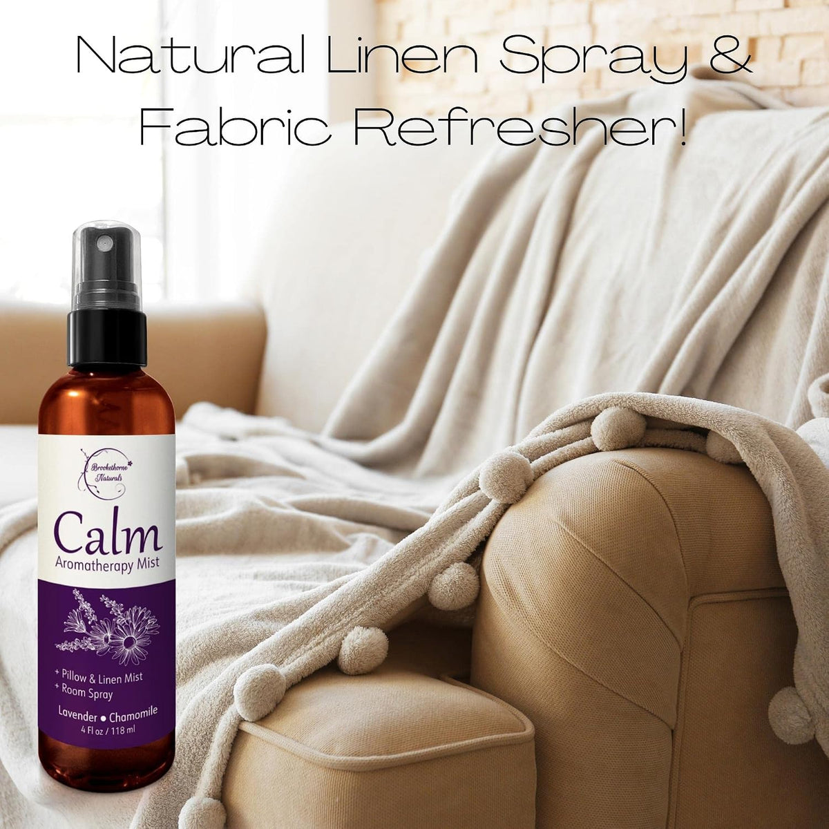 Brookethorne Naturals Calm Aromatherapy Mist | Lavender Pillow Spray 4oz | Lavender & Chamomile Essential Oil room, linen & bed spray | Calming scent for Relaxation & Sleep | Paraben-free, made in USA