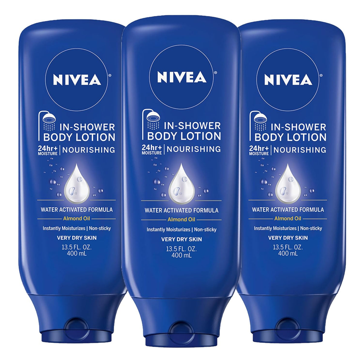 NIVEA Nourishing In Shower Lotion Moisturizer, Multipack, 3 x 13.5 FL OZ | Water Activated In Shower 24-Hour Body Moisturizer with Almond Oil for Dry to Very Dry Skin, Non Sticky, Non Greasy Feel