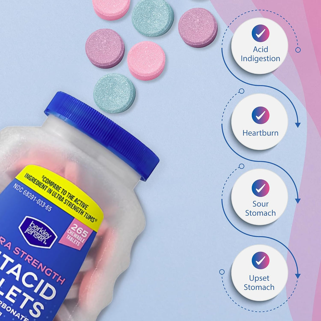 Berkley Jensen Extra Strength Antacid Tablets Chewable - 1000mg Calcium Carbonate Antacids for Heartburn, Acid Indigestion, Upset Stomach Relief - Assorted Berry Flavor - 265 Count (Pack of 1)