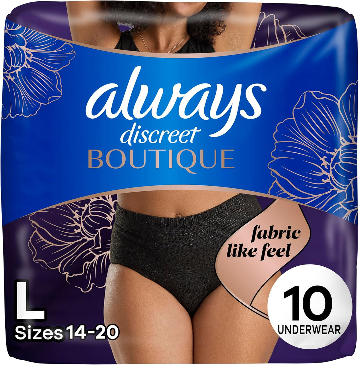 Always Discreet Boutique Incontinence and Postpartum Underwear for Women, Maximum Protection, Large, Black, 10 Count