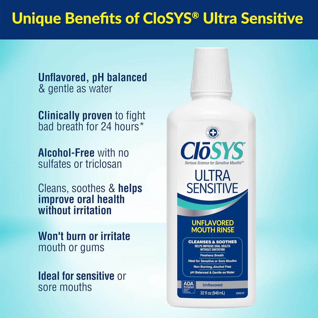 CloSYS Ultra Sensitive Mouthwash, 32 Oz, Alcohol Free Mouthwash, Unflavored Mouth Wash, Dye Free, pH Balanced, Helps Soothe Entire Mouth | Unflavored Mouth Wash, Dye Free, pH Balanced, Helps Soothe Entire Mouth