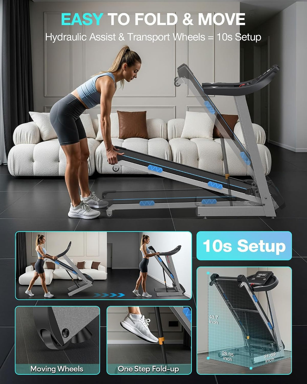 15% Auto Incline Foldable Treadmill, Heavy Duty Treadmills for Home | 400lbs Capacity, Voice Control, Bluetooth, Heart Rate Sensors,4.0HP Motor,Folding Running & Walking Pad for Seniors,Home Gym
