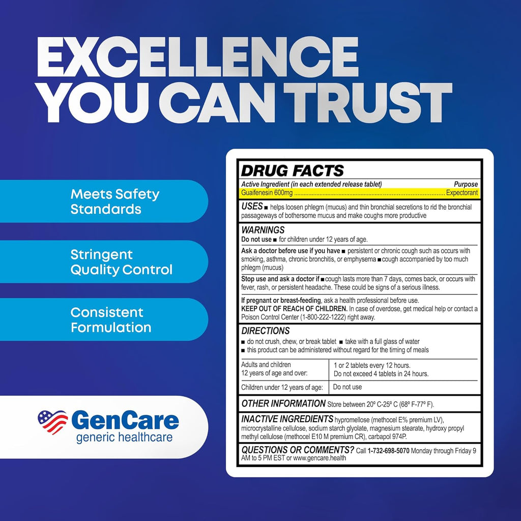GenCare Mucus Relief Guaifenesin 600mg Extended-Release, 100 Ct | Compares to Mucinex; 12-hour expectorant relief for chest congestion & cough, thins and loosens mucus fast
