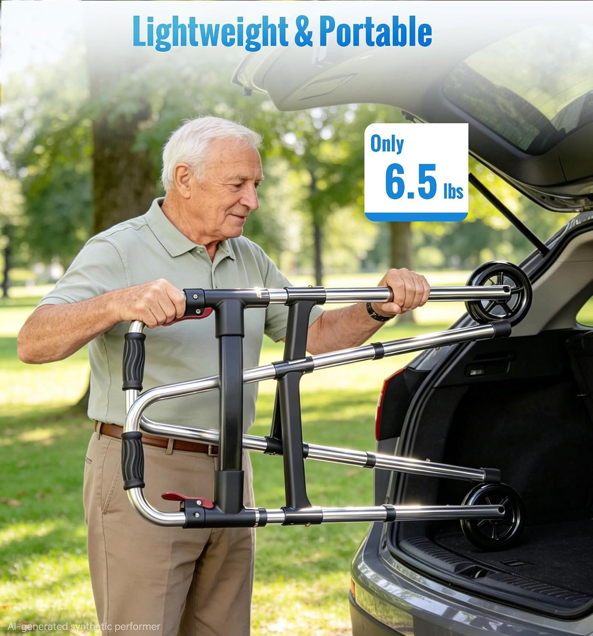 HOMLAND Standard Walkers for Seniors, 6.5lb Lightweight Foldable Walker | One-Hand Folding, 8 Height Adjustments, 350lb Capacity, Easy to Assemble, 2 Skis, 5" Wheels, Aluminum Frame, Frosted Silver