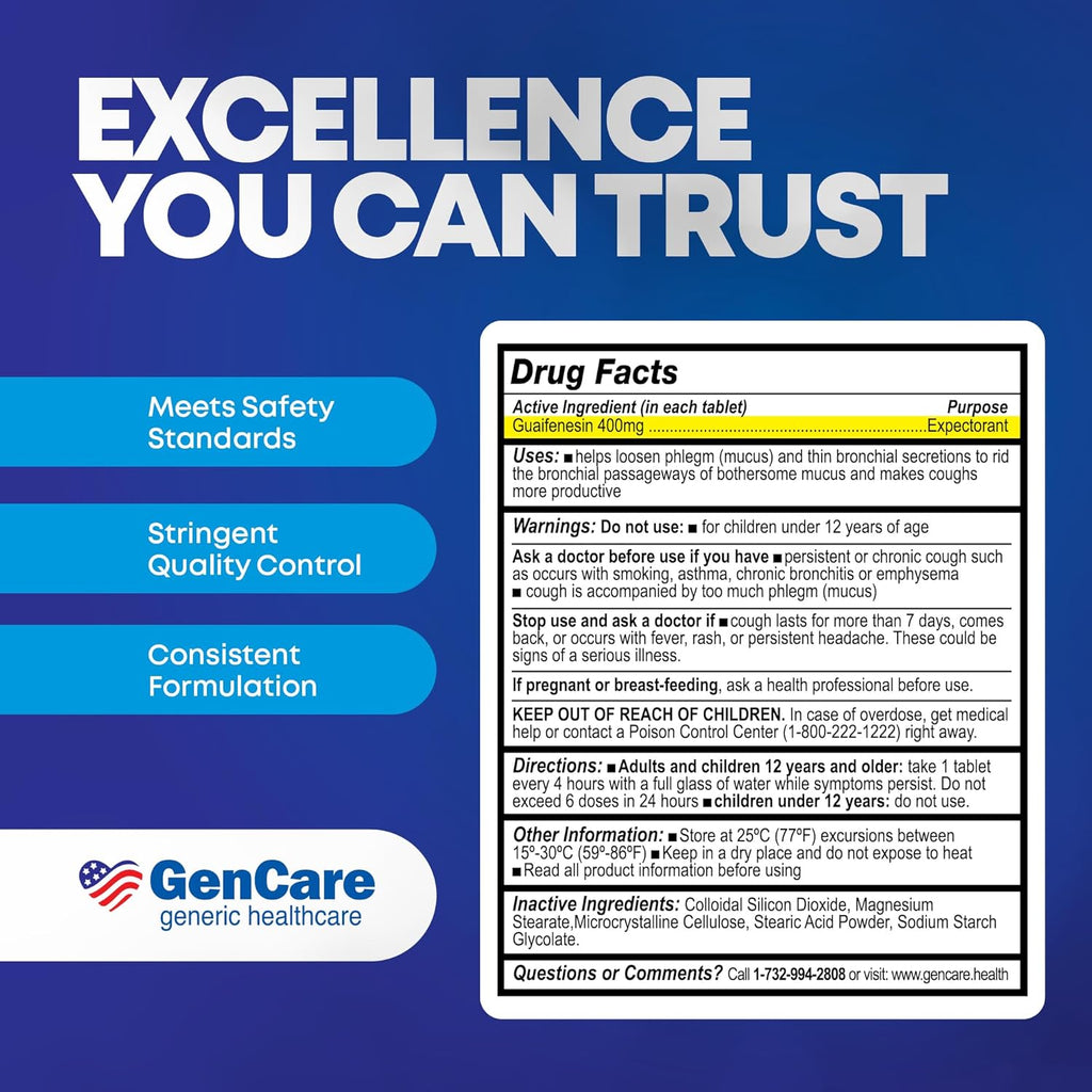 GenCare Mucus Relief Expectorant Guaifenesin 400mg, 200 Tablets | Compares to Mucinex; fast-acting expectorant, chest congestion relief