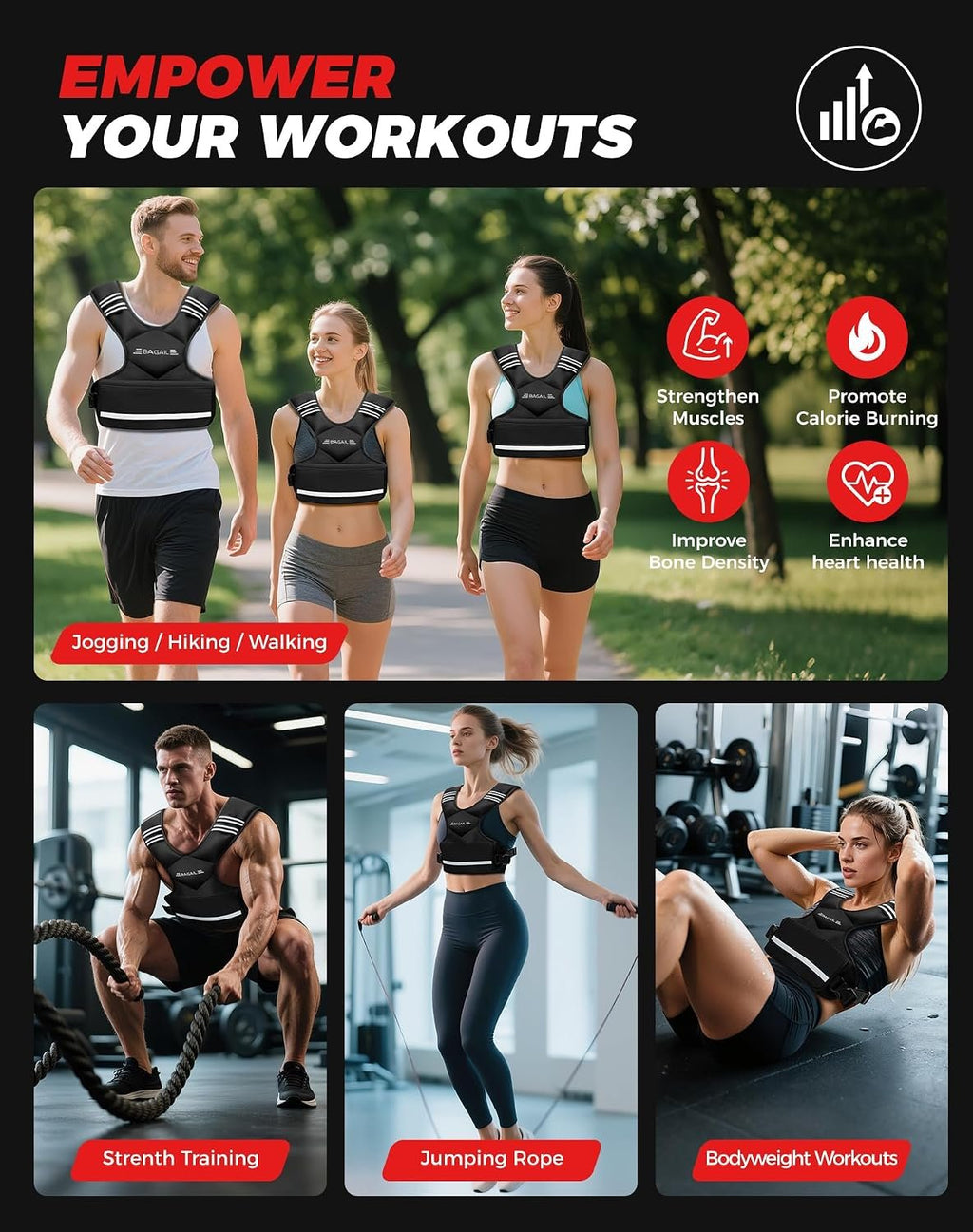 BAGAIL Adjustable Weighted Vest for Women 4-10lb/12-18lb/20-32lb, Comfortable U-Neck Rucking Vest with 6 Removable Weights, Storage Pocket and Reflective Strips for Walking, Jogging, Weight Loss