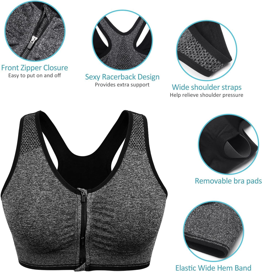 Women's Zip Front Sports Bra Wireless Post-Surgery Bra Active Yoga Sports Bras