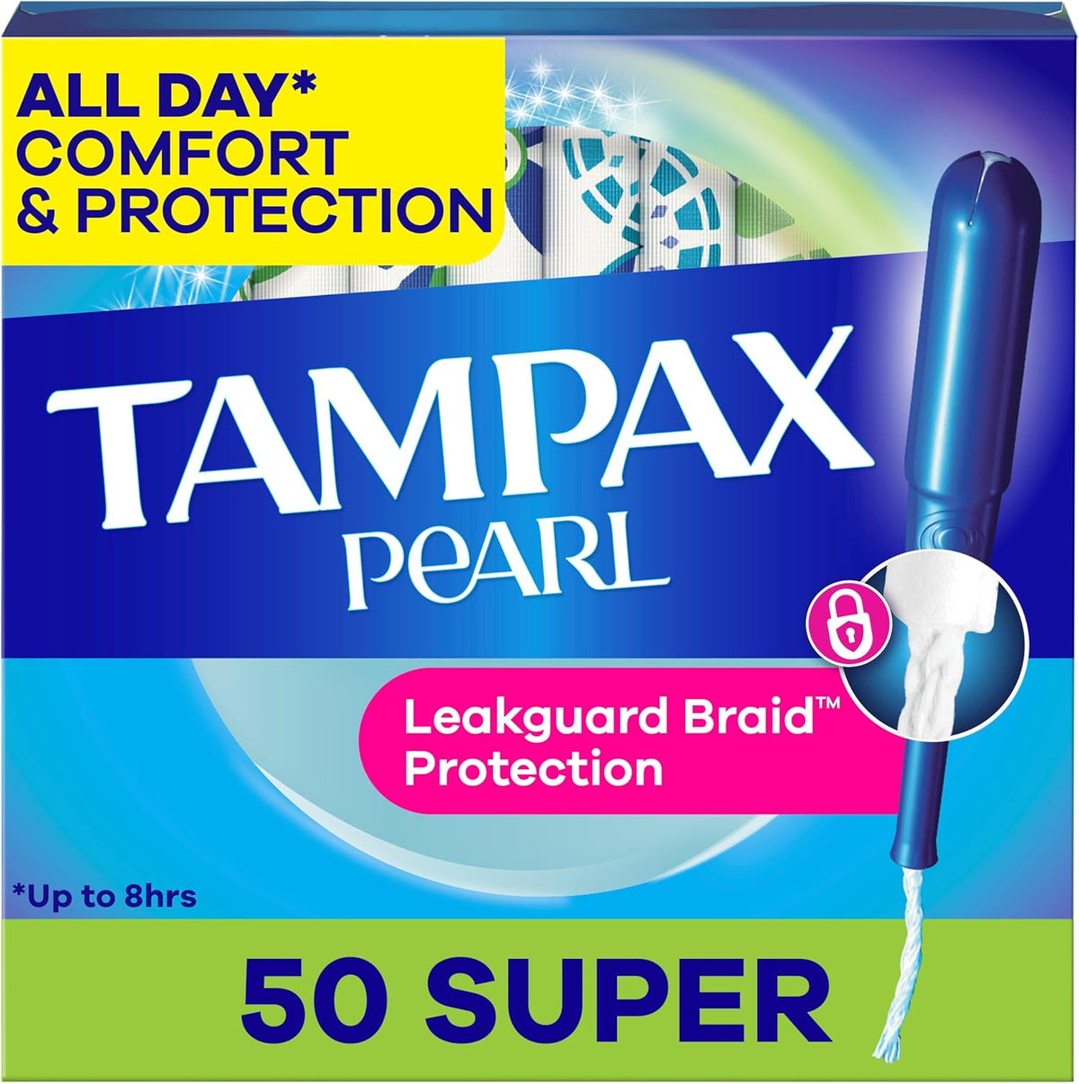 Tampax Pearl Tampons for Women, with LeakGuard Braid, Super Absorbency, Unscented, 50 Count