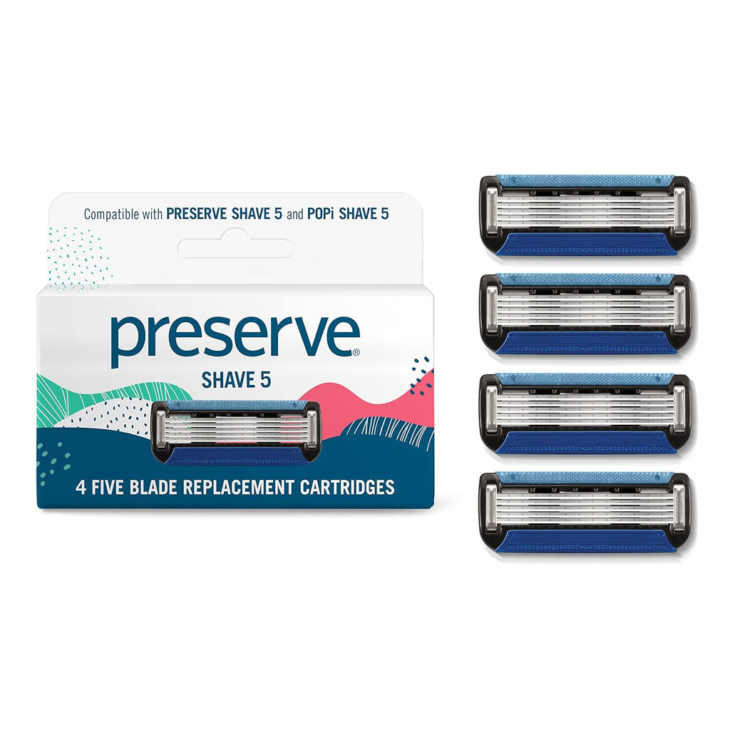 Preserve Shave 5 Razor Refills, Ceramic-Coated Blades, Aloe Strip, 4ct | Reusable Cartridges Fit Shave 5 Handle; Cocoa Butter Enriched Strip; For Men & Women; Cruelty-Free, Never Tested on Animals