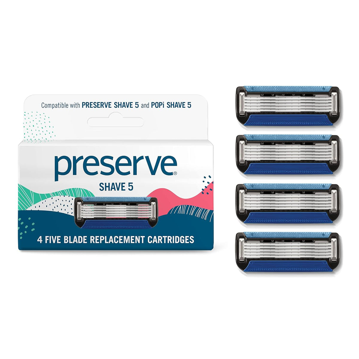 Preserve Shave 5 Razor Refills, Ceramic-Coated Blades, Aloe Strip, 4ct | Reusable Cartridges Fit Shave 5 Handle; Cocoa Butter Enriched Strip; For Men & Women; Cruelty-Free, Never Tested on Animals