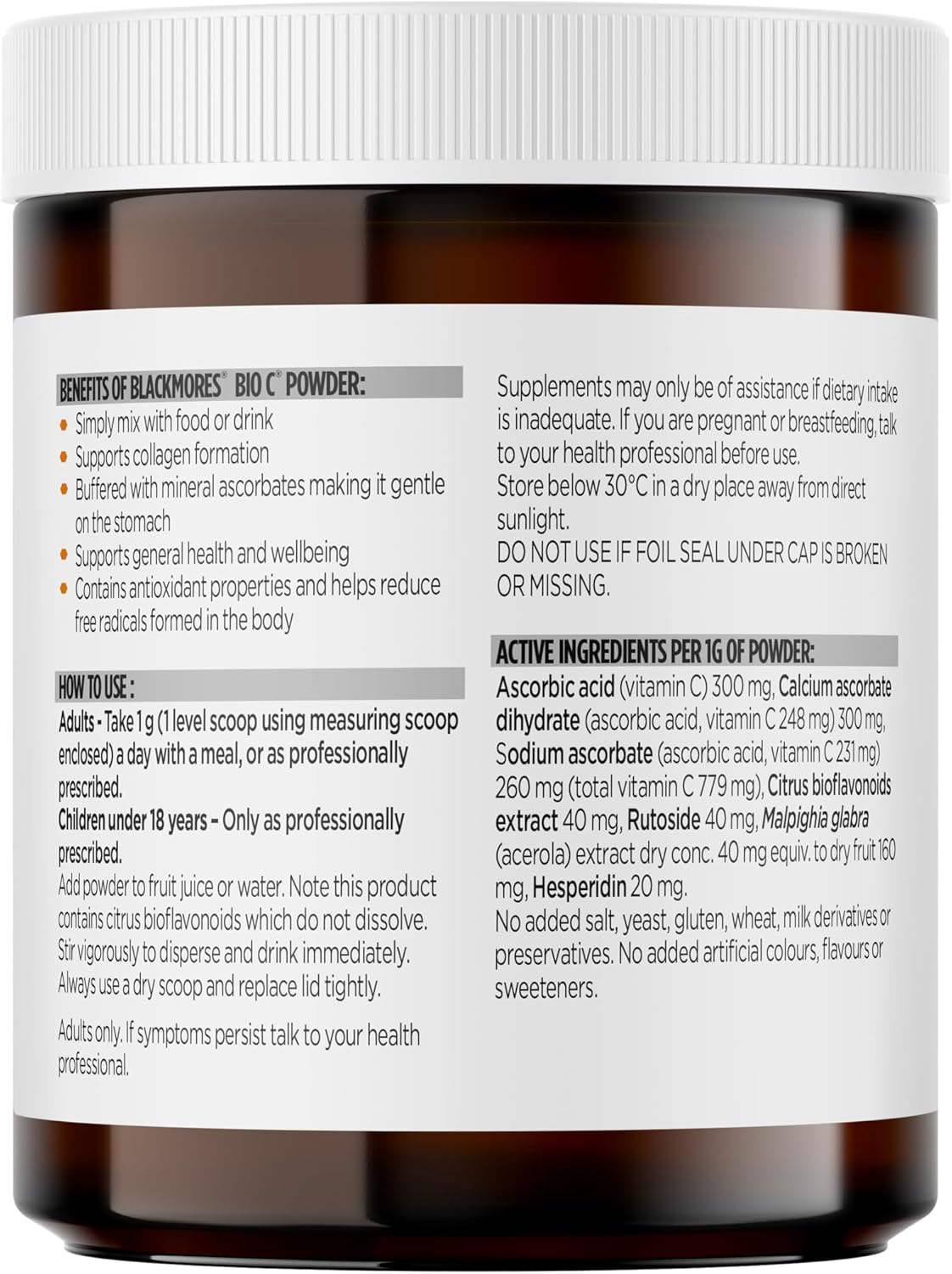 Blackmores Bio C Powder | Reduces Severity & Duration of Common Cold Symptoms | 125 Grams Powder