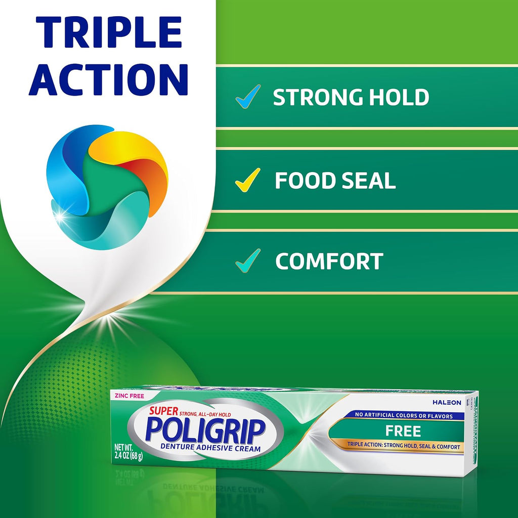 Poligrip Free Denture Adhesive Cream, Strong All Day Hold, Food Seal, Comfort, Clinically Proven, Flavor Free, Zinc Free, 2.4 Oz, 4 Count